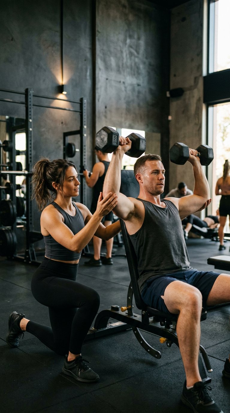 Coach spotting a client during a dumbbell workout