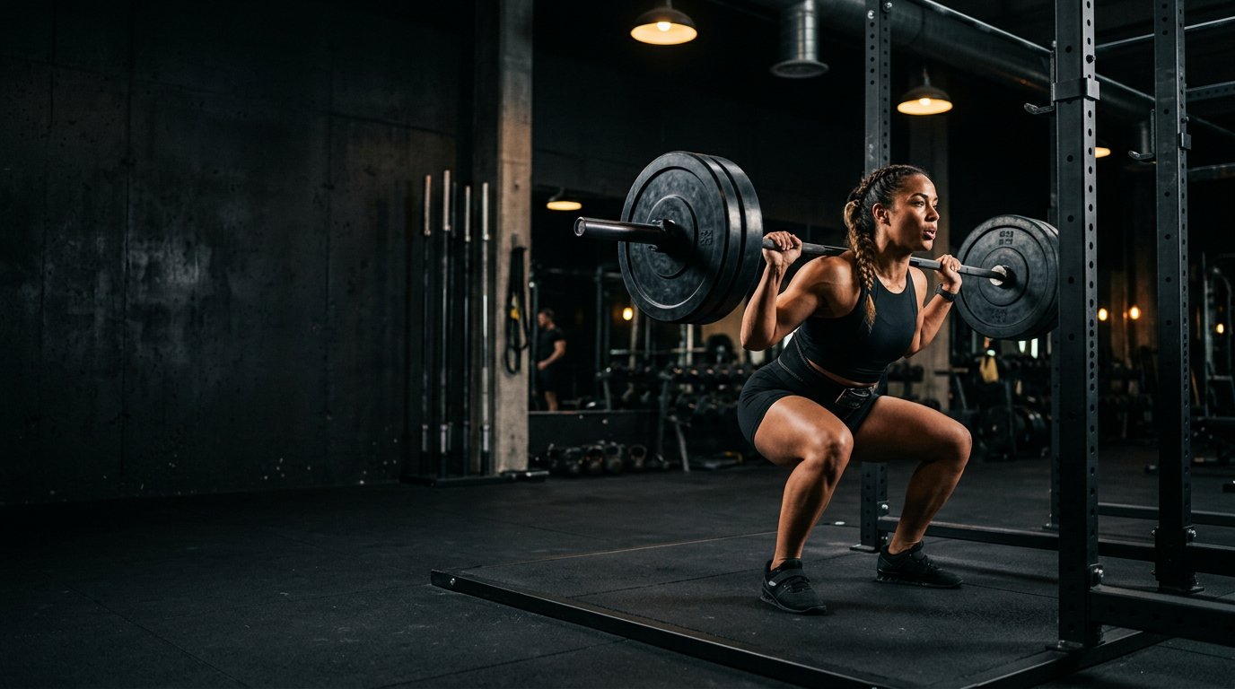 Athlete training with a barbell in a dark gym
